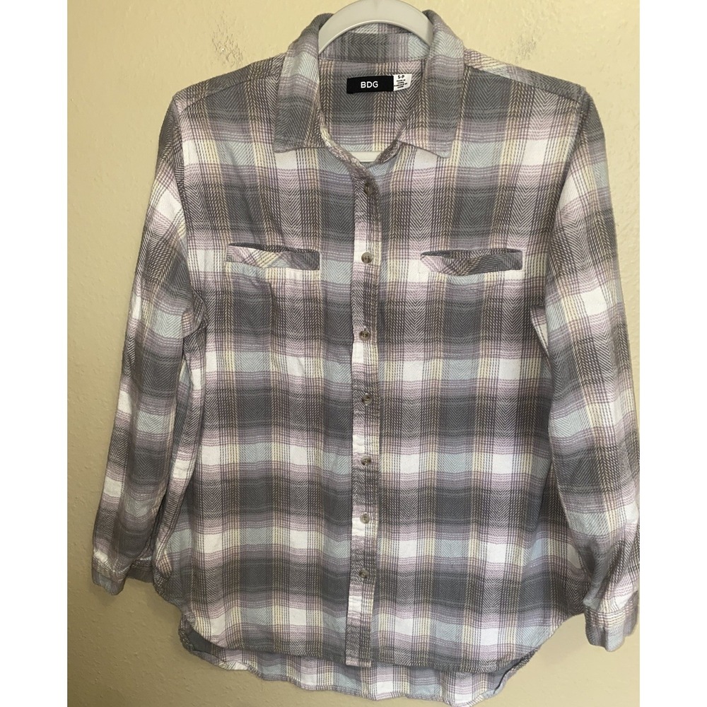 BDG Top Urban Outfitters Flannel Button-Down Oversized Gray Purple SMALL